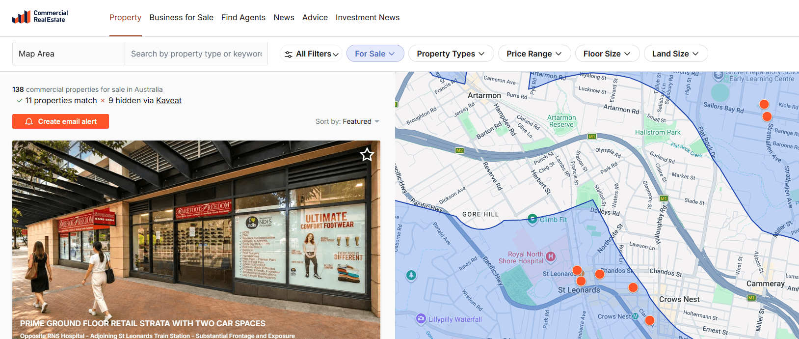 Kaveat filtering commercial property listings on a supported property site
