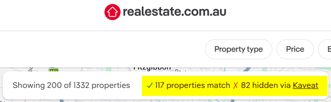 Kaveat property filter results on a realestate.com.au map