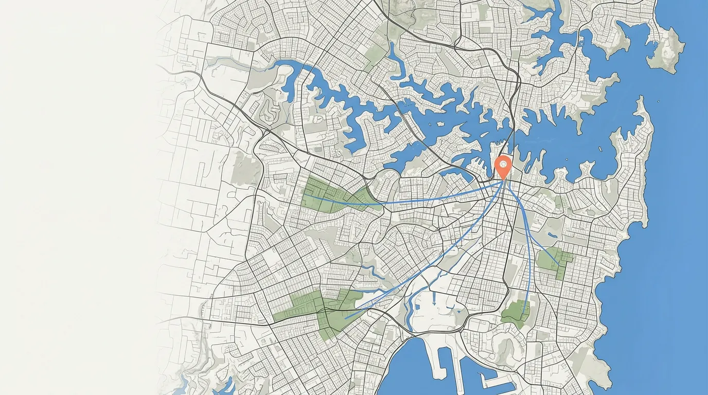 Illustrative map showing a fixed destination surrounded by candidate locations and preferences
